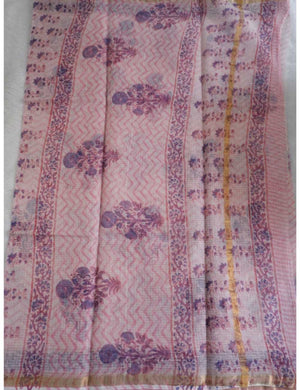 Baby Pink Kota Doria Saree with Floral Block Print Online