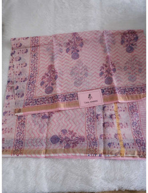 Baby Pink Kota Doria Saree with Floral Block Print Online