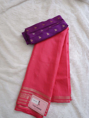 Assamese Handloom Pink Saree with Violet Contrast Blouse Online