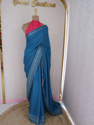 Assamese Handloom Persian Green Saree with Pink Contrast Blouse Online