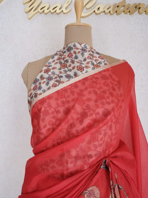 Kota Applique Work Red Saree with Digital Print Blouse