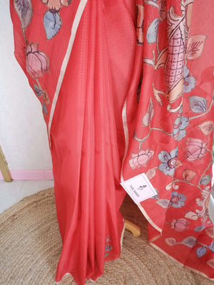 Kota Applique Work Red Saree with Digital Print Blouse