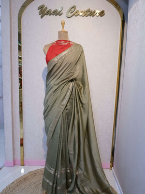 Assamese Handloom Green Saree with Red Contrast Blouse Online