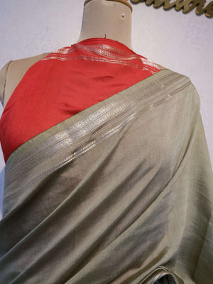 Assamese Handloom Green Saree with Red Contrast Blouse Online