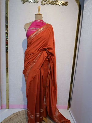 Assamese Handloom Rustic Red Saree with Pink Contrast Blouse Online