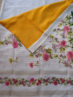 Yellow & White Crepe Silk Saree Online