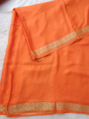 Plain Orange Satin Saree with Elegant Gold Border Online