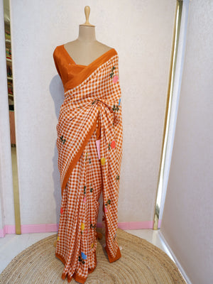 Checks Mangalagiri Rust Colour Saree with Digital Print Online