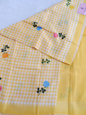 Checks Mangalagiri Vintage Yellow Saree with Digital Print Online