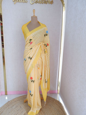 Checks Mangalagiri Vintage Yellow Saree with Digital Print Online