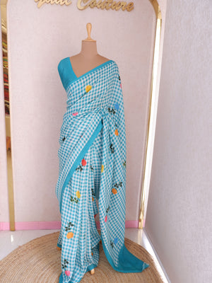Checks Mangalagiri Mint Blue Saree with Digital Print Online