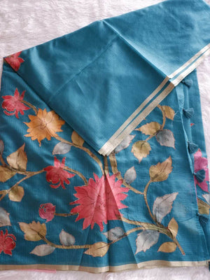 Blue saree with floral patterns