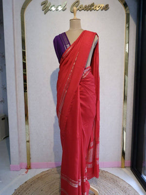 Traditional Assamese Red Saree with Contrast Violet Blouse Online