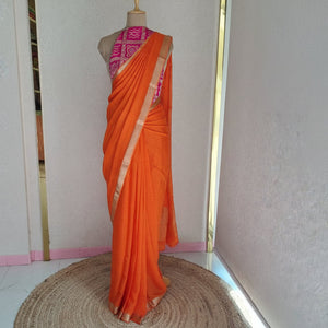 Chinnon Lines Orange Saree with Pink Blouse Online