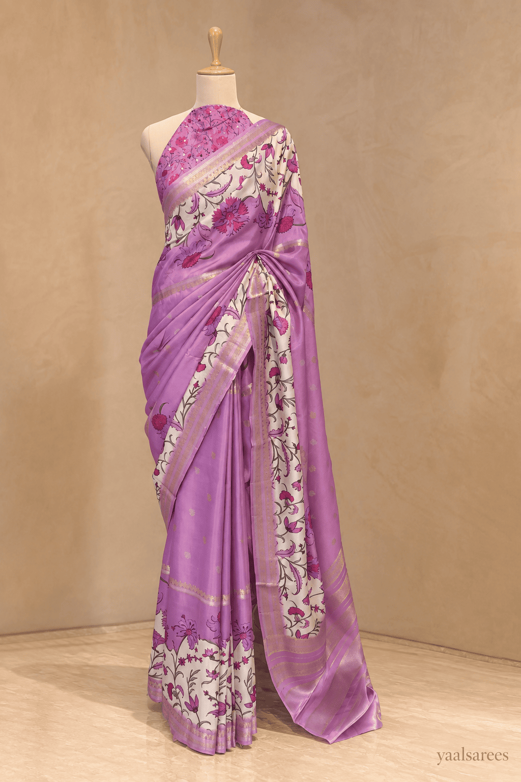 Purple Semi Tussar Saree with Floral Print & Gold Butties | Elegant Festive Wear Saree