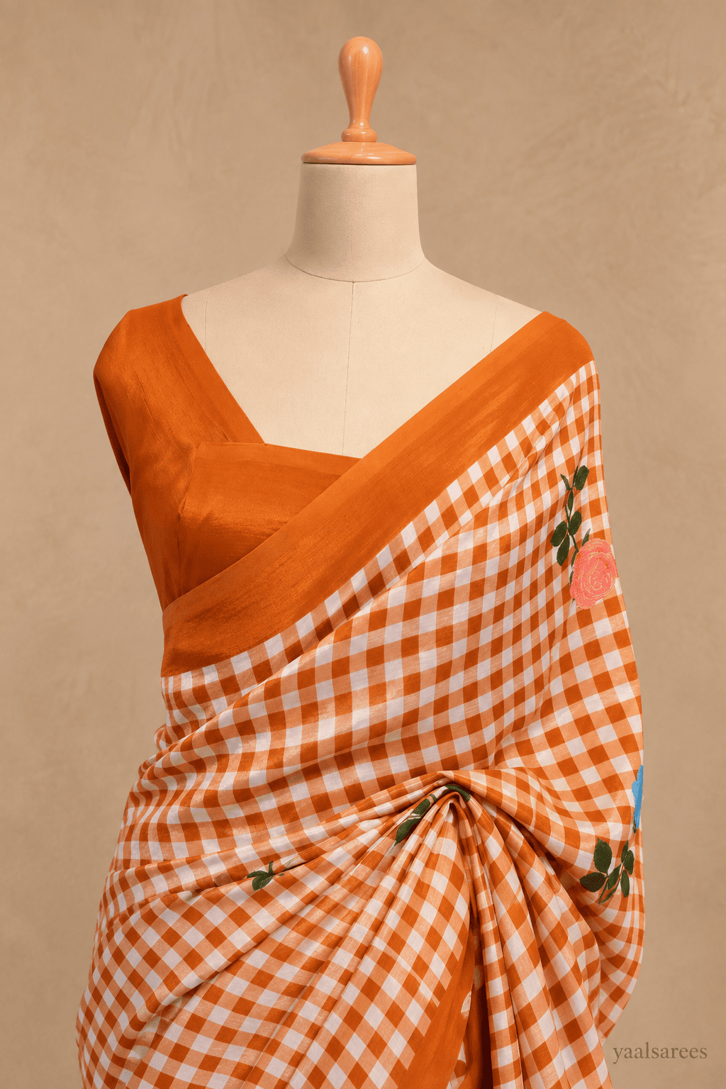 Checks Mangalagiri Rust Colour Saree with Digital Print