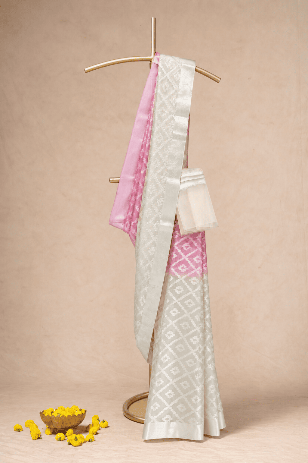 Double Shade Cora with Silver Zari (Yellow and Pink)
