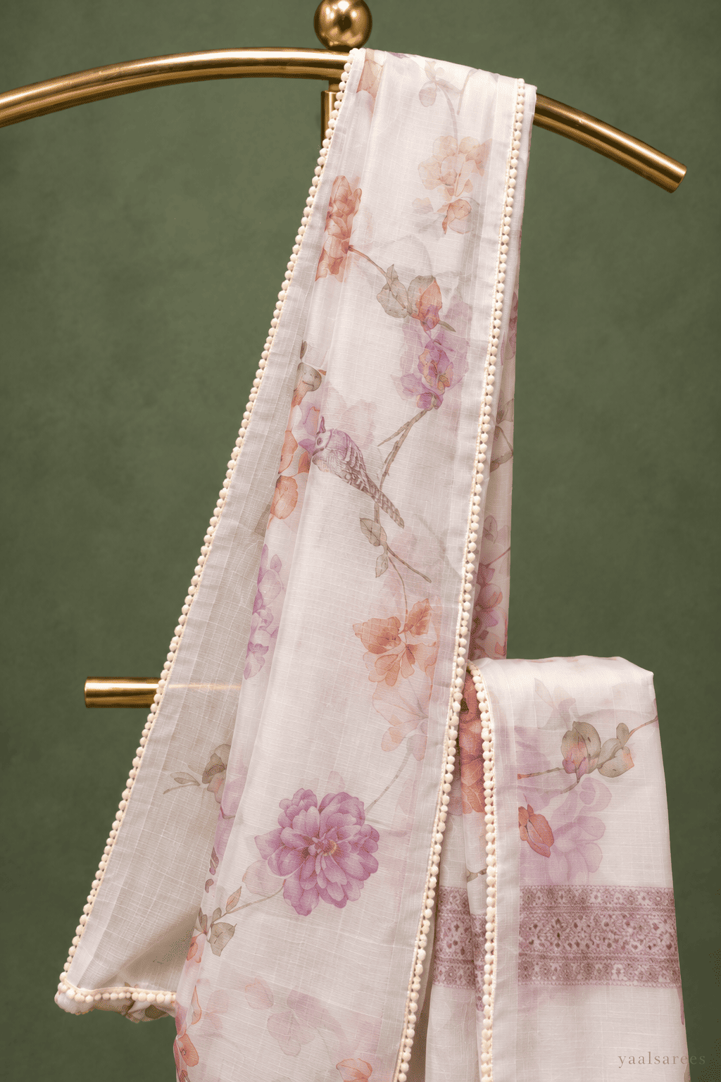 Kota Silk  with Crochet Border  in White And Lavender Floral Prints