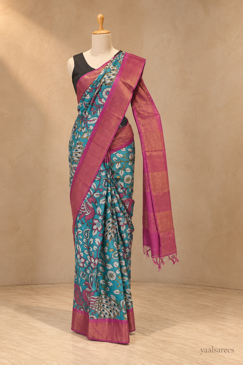 Blue Tassar Saree Kalamkari Print and pink Zari Border