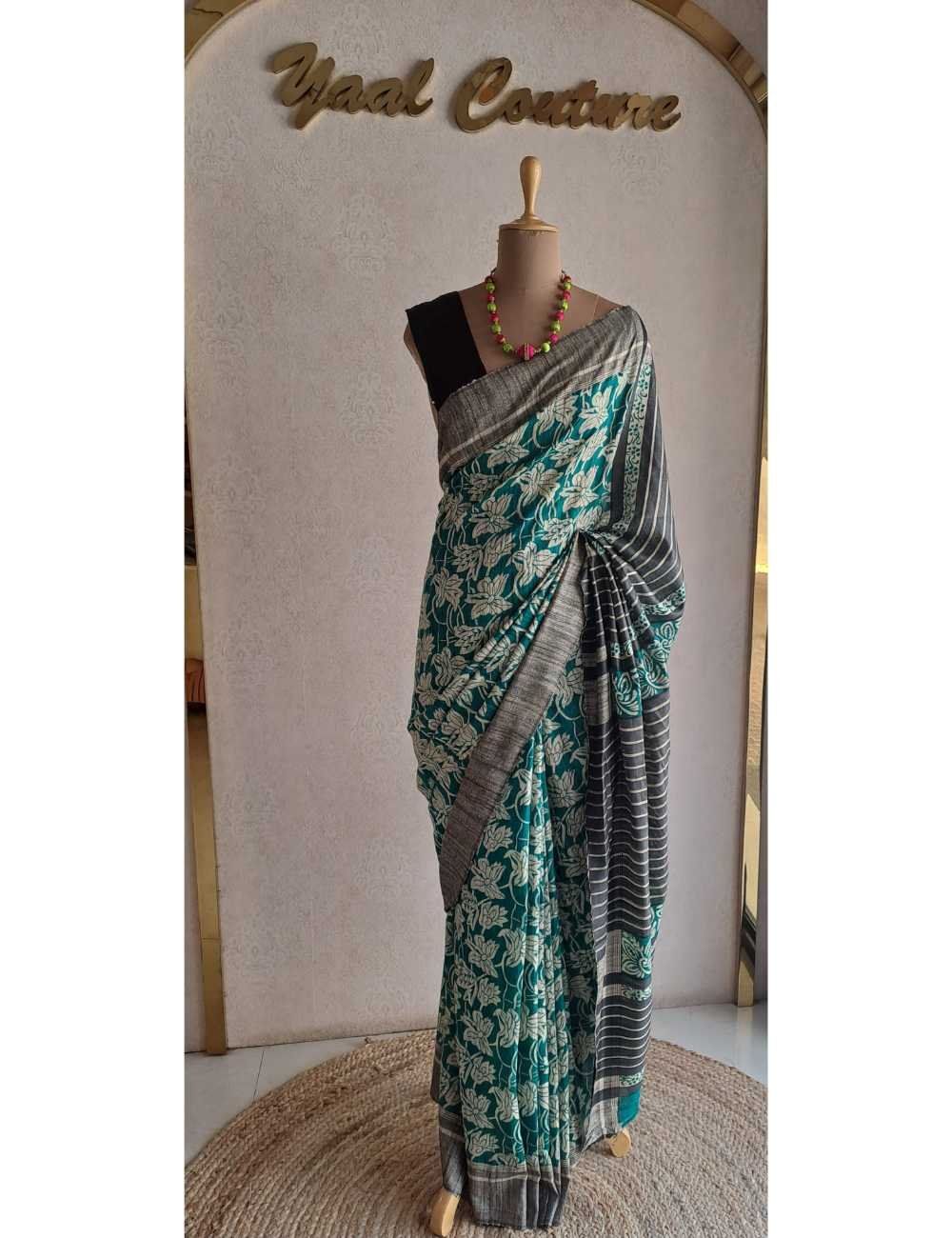 Teal Green Ghicha Tassar Silk Saree with Floral Prints
