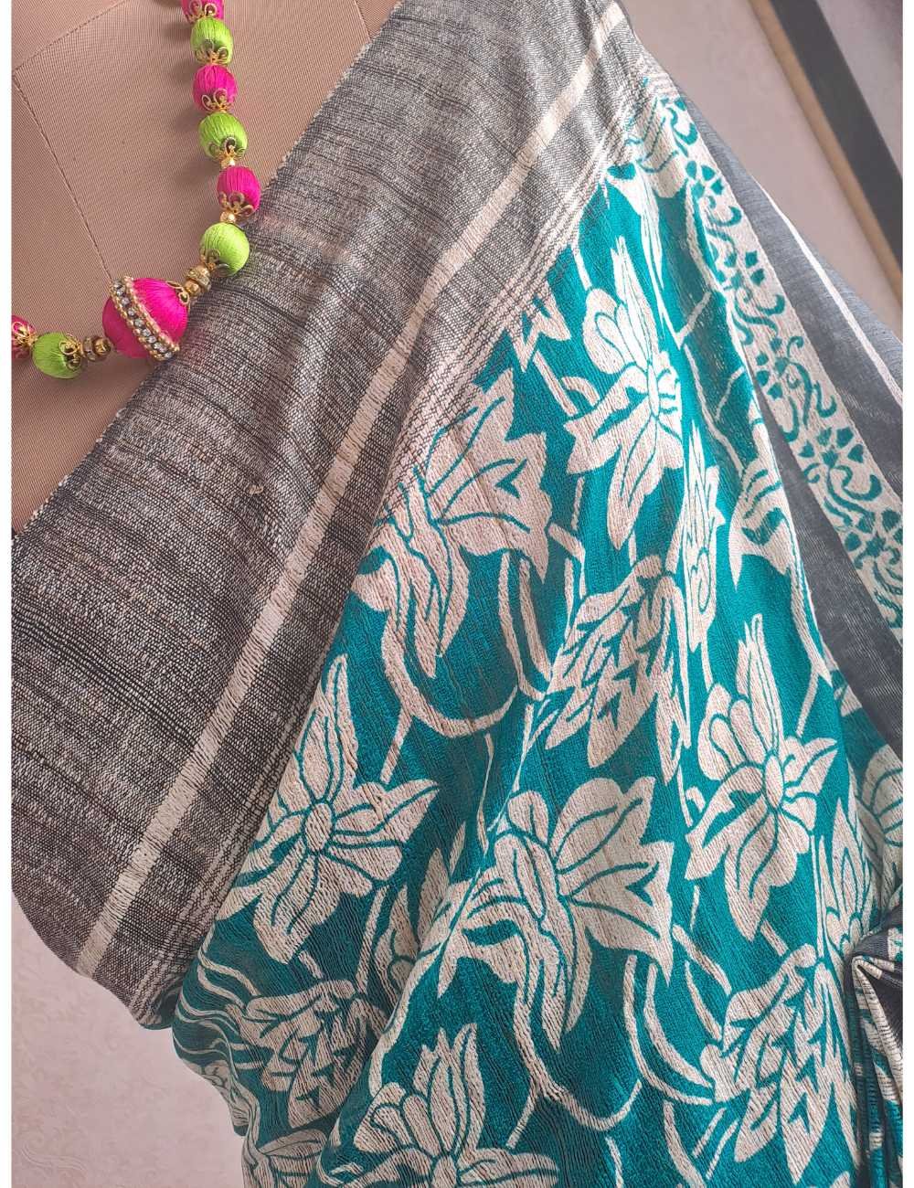 Teal Green Ghicha Tassar Silk Saree with Floral Prints
