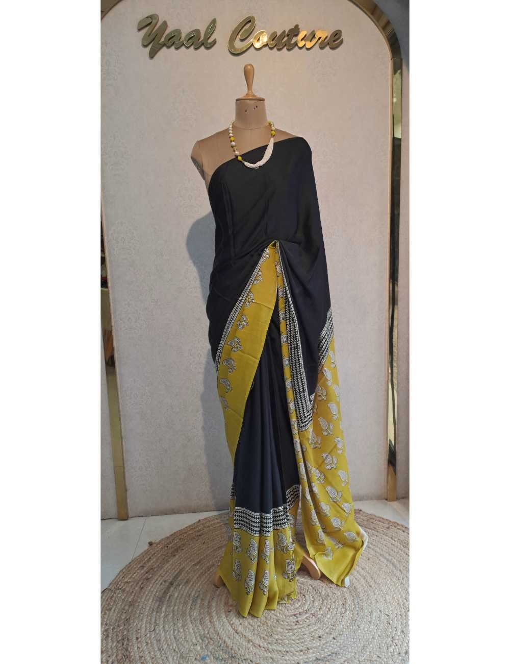 Black and Yellow Modal Silk Ajrakh Printed Saree