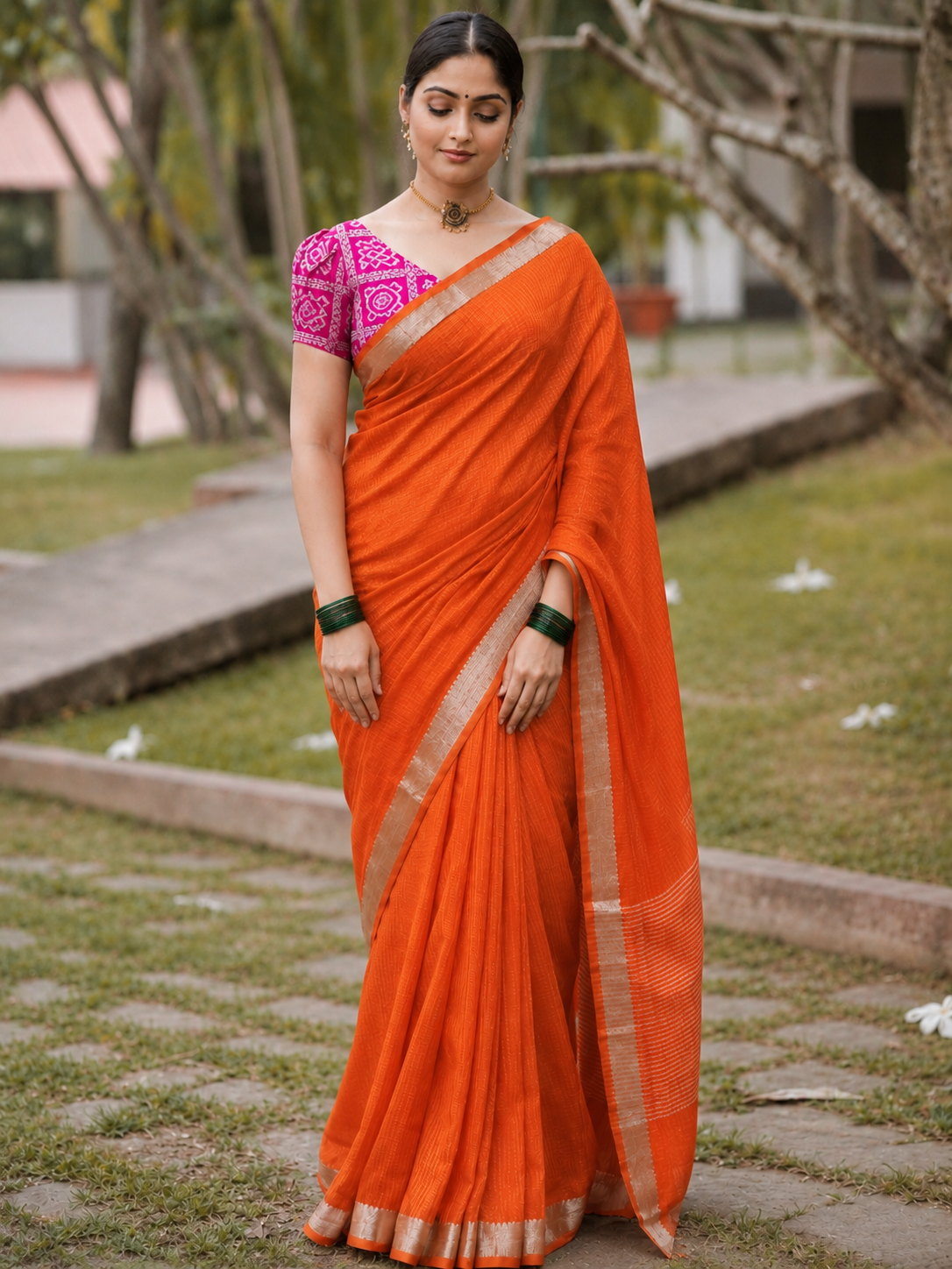 Chinnon Lines Orange Saree with Pink Blouse