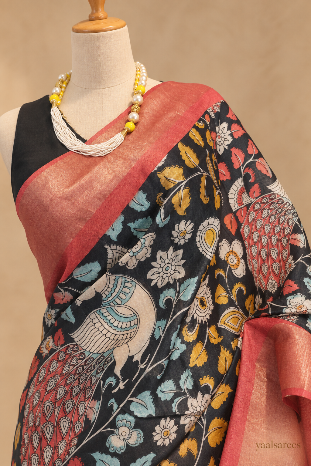 Black Tassar Kalamkari Print and Red Zari Border