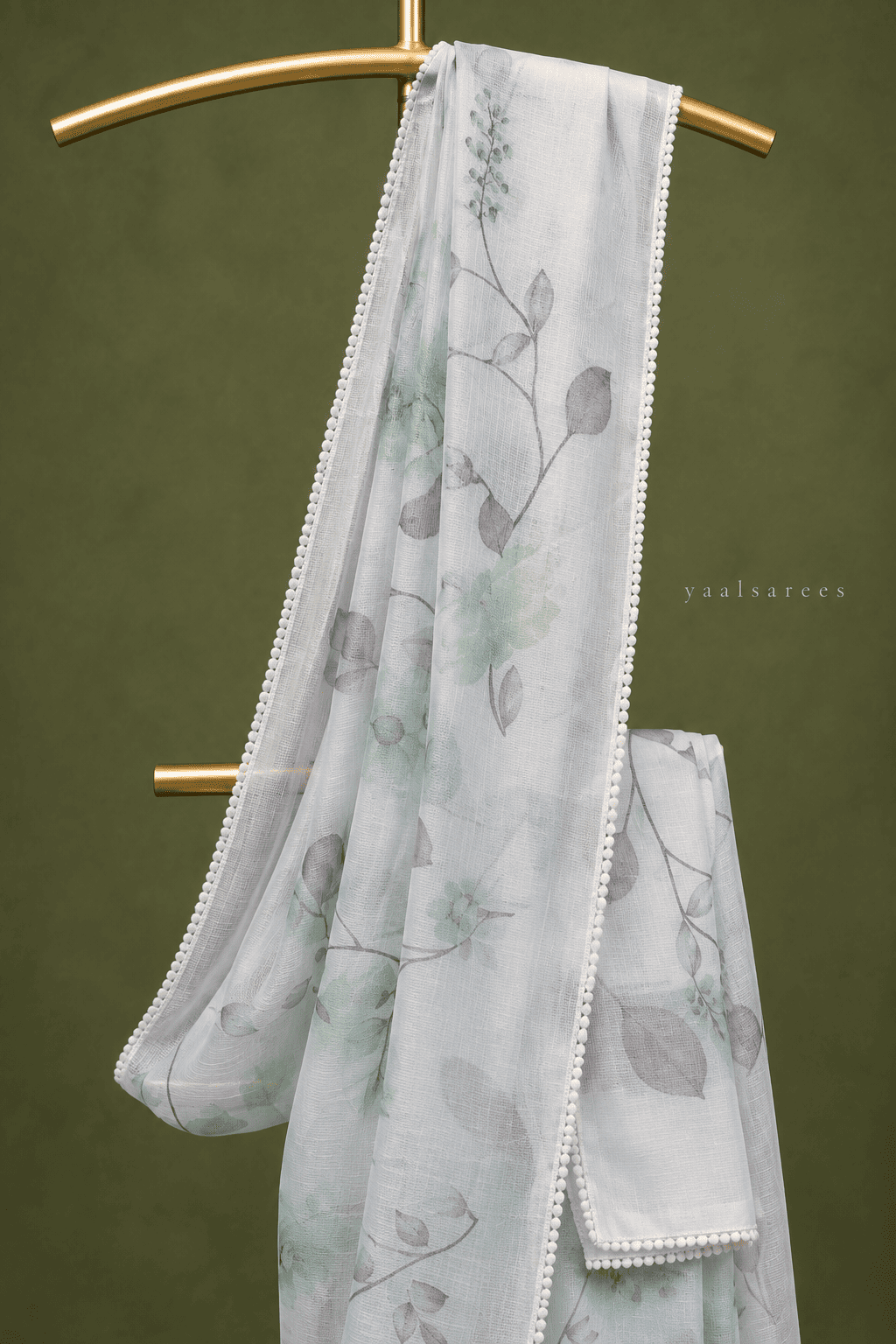 Kota Silk  with Crochet Borderin  Floral Prints White And Green
