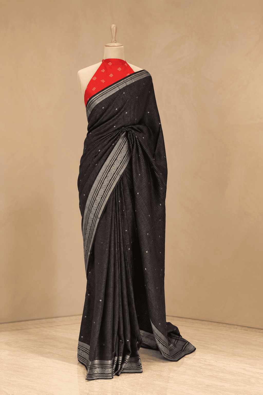 Semi Mysore Silk Handloom Black Saree with Red Contrast Blouse
