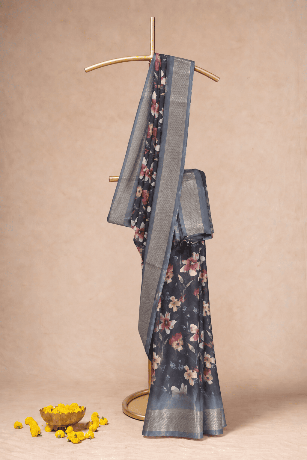 Georgette Floral Print and Grey Zari Border