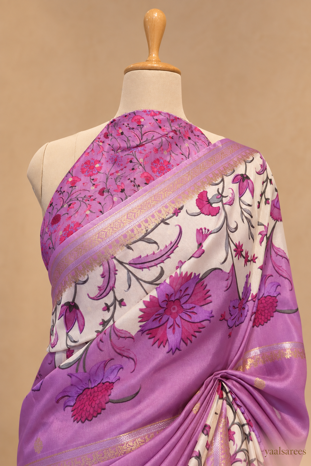 Purple Semi Tussar Saree with Floral Print & Gold Butties | Elegant Festive Wear Saree