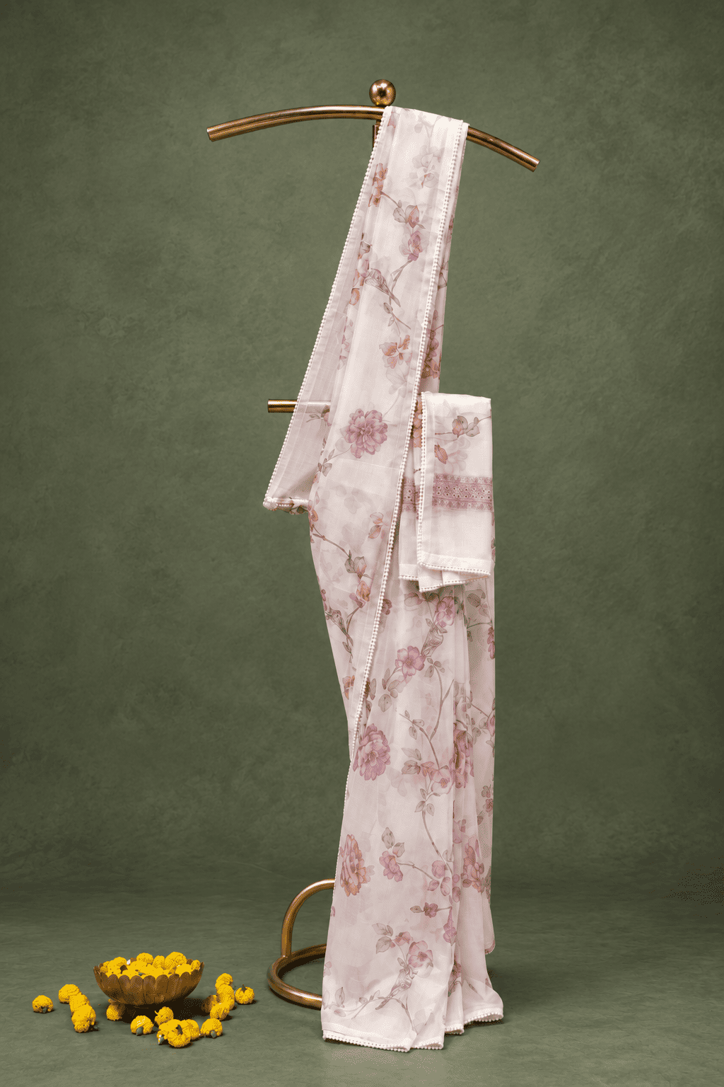 Kota Silk  with Crochet Border  in White And Lavender Floral Prints