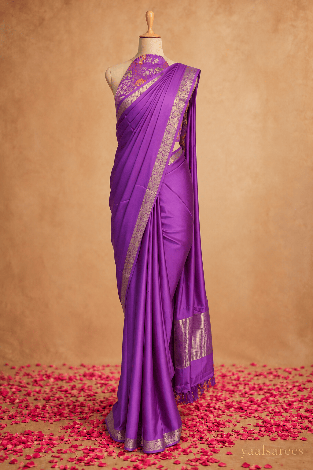 Plain  violet Satin Saree with Rich Gold Border | Elegant Party & Festive Wear Saree