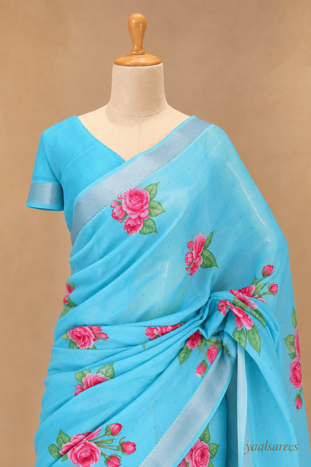 Mangalagiri Polka Digital Print Saree Sky blue colour – Elegant Lightweight Cotton Saree