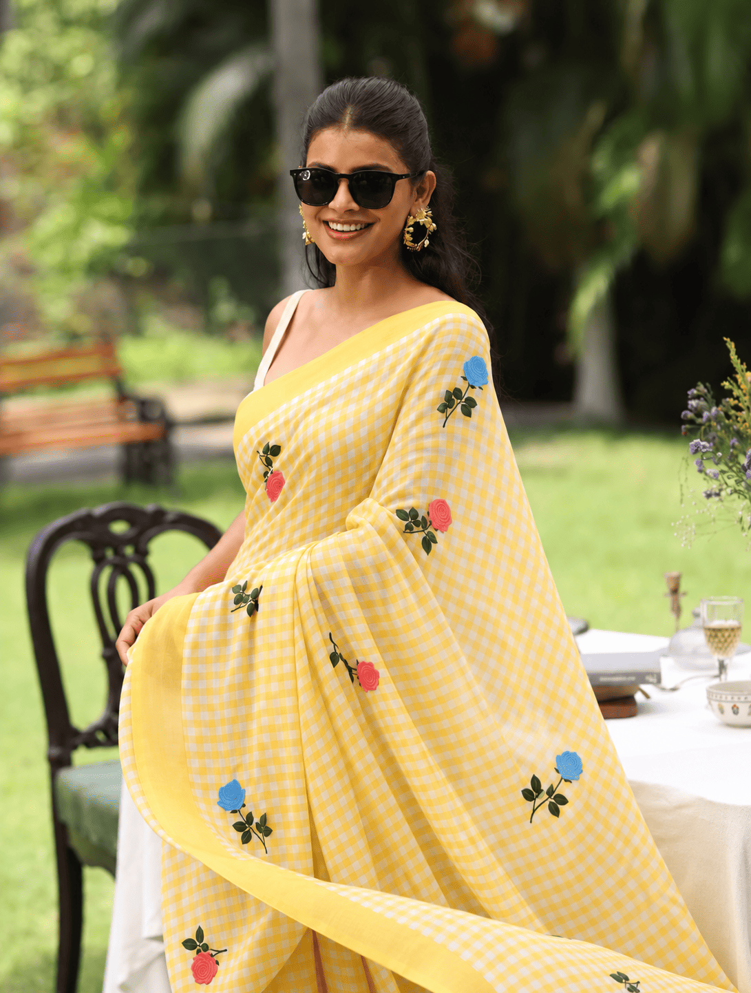 Checks Mangalagiri Vintage Yellow Saree with Digital Print