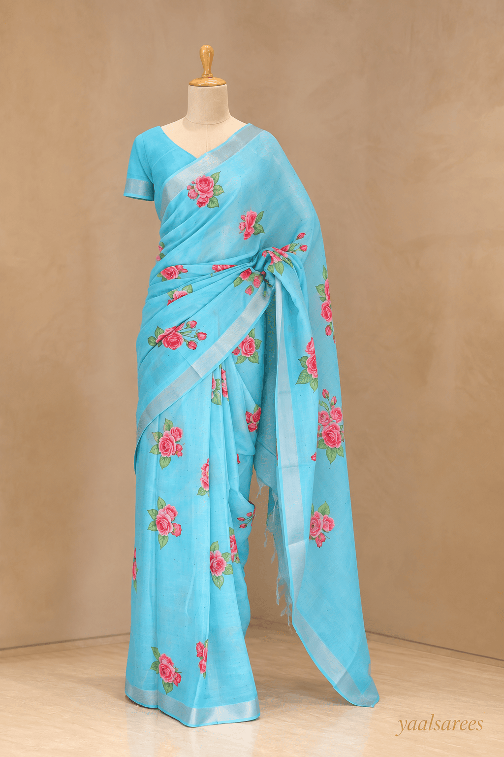 Mangalagiri Polka Digital Print Saree Sky blue colour – Elegant Lightweight Cotton Saree