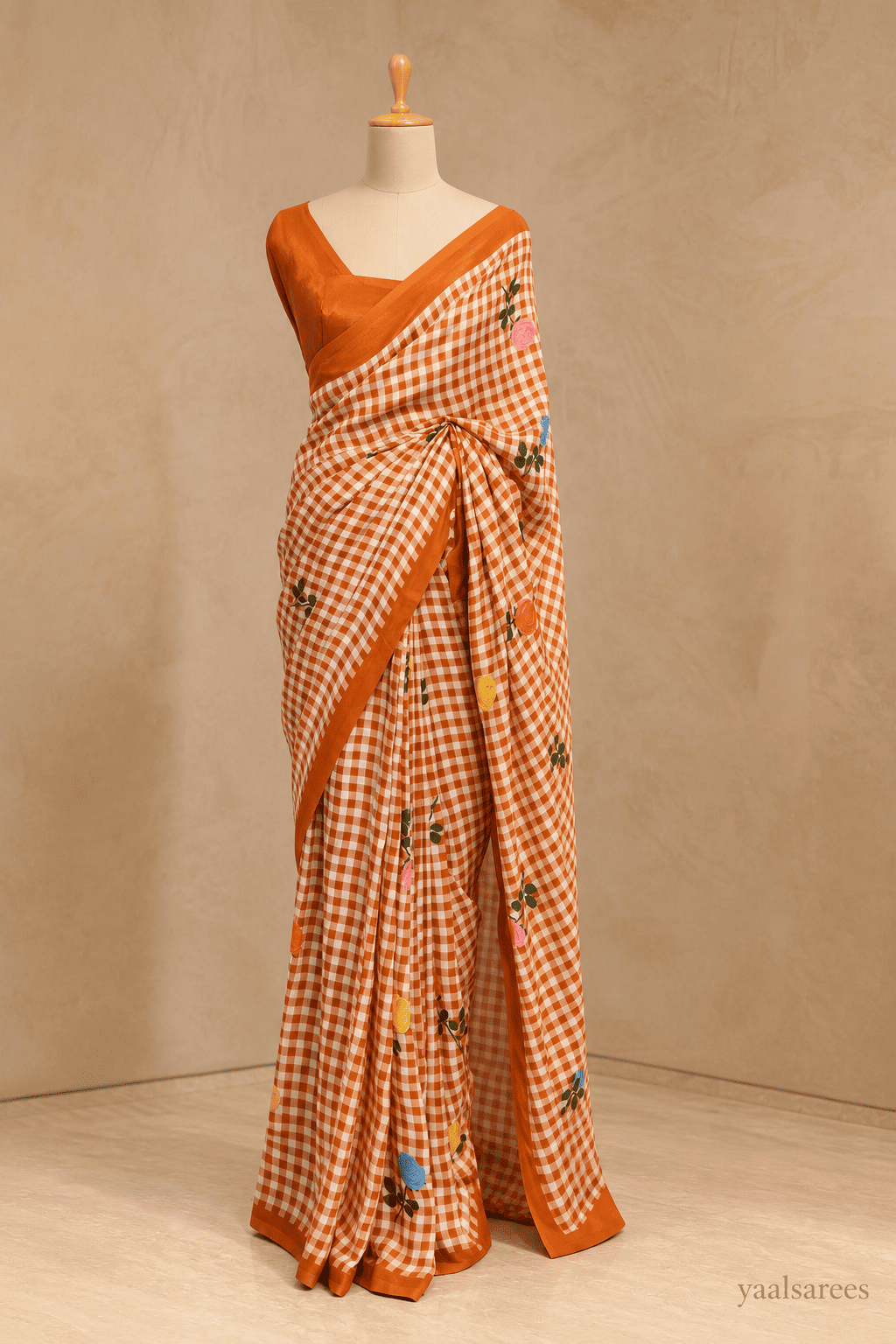 Checks Mangalagiri Rust Colour Saree with Digital Print