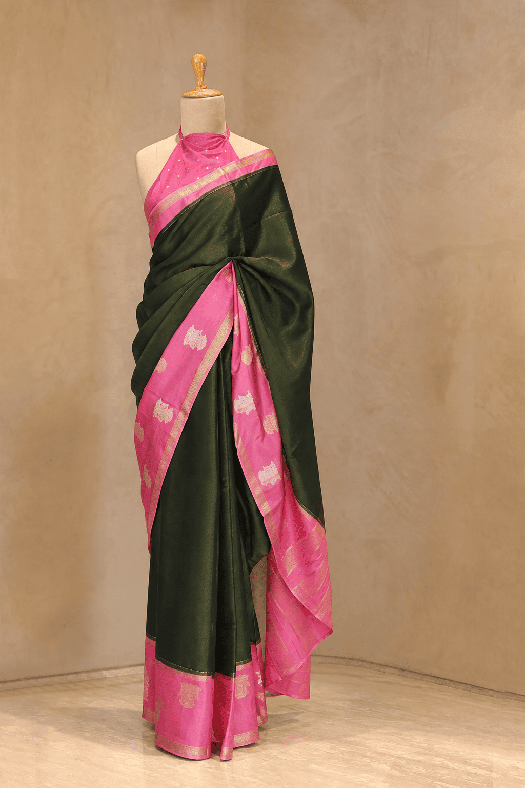 Garuda Berunda Tissue Green Saree with Golden Glitter Body, Pink Border & Pink Blouse
