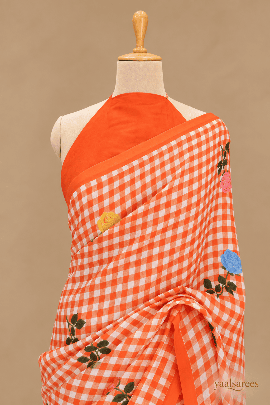 Checks Mangalagiri Orange Saree with Digital Print