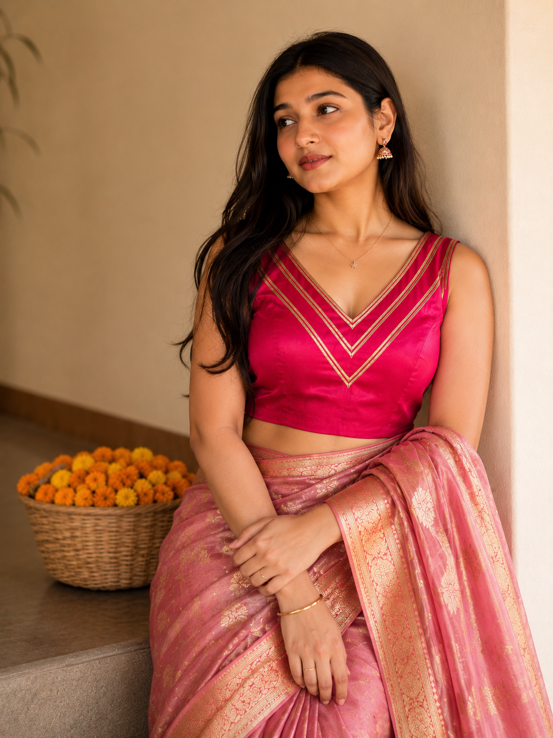 Pink blouse with Gota lace  blouse