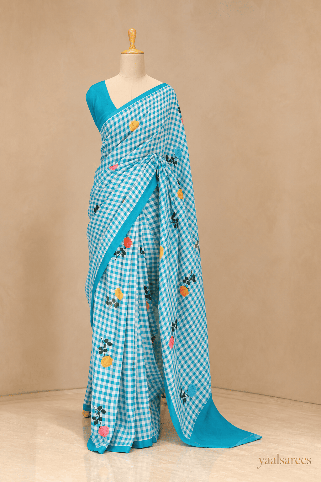 Checks Mangalagiri Mint Blue Saree with Digital Print