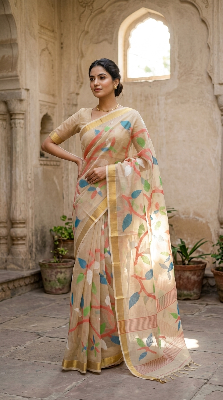 Jamdhani Saree sandal colour – Elegant Handwoven Traditional Saree for Women