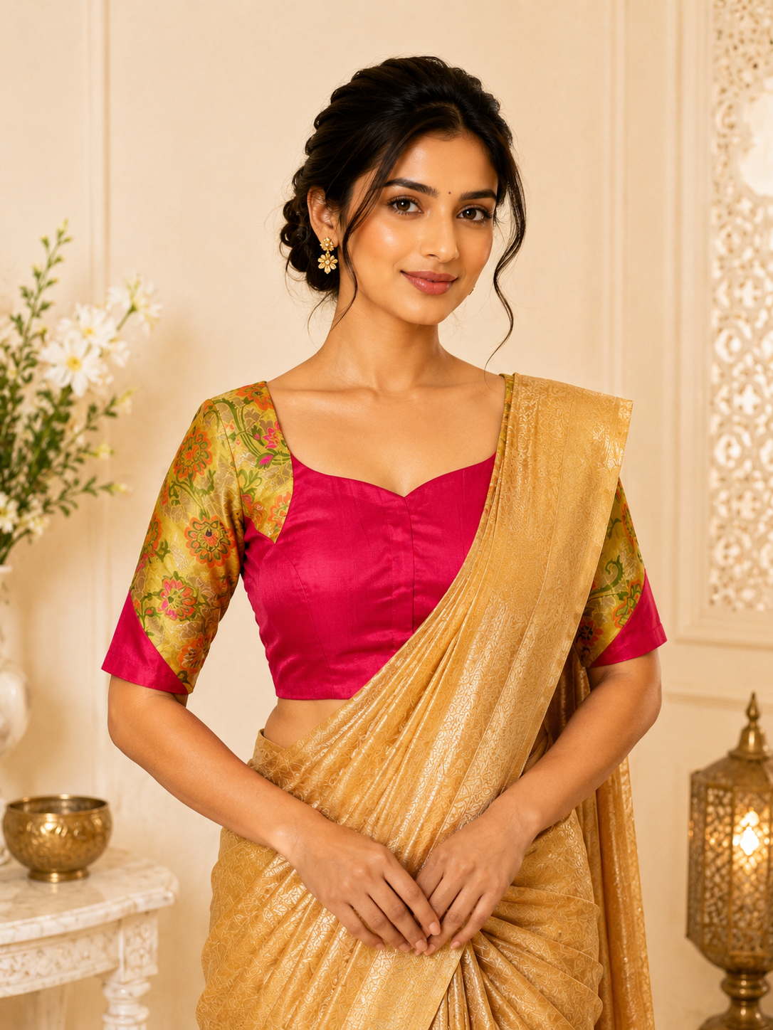 Red with yellow  blouse