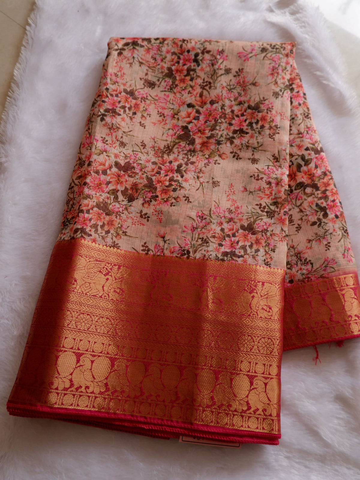 Peach Kota Saree with Floral Prints