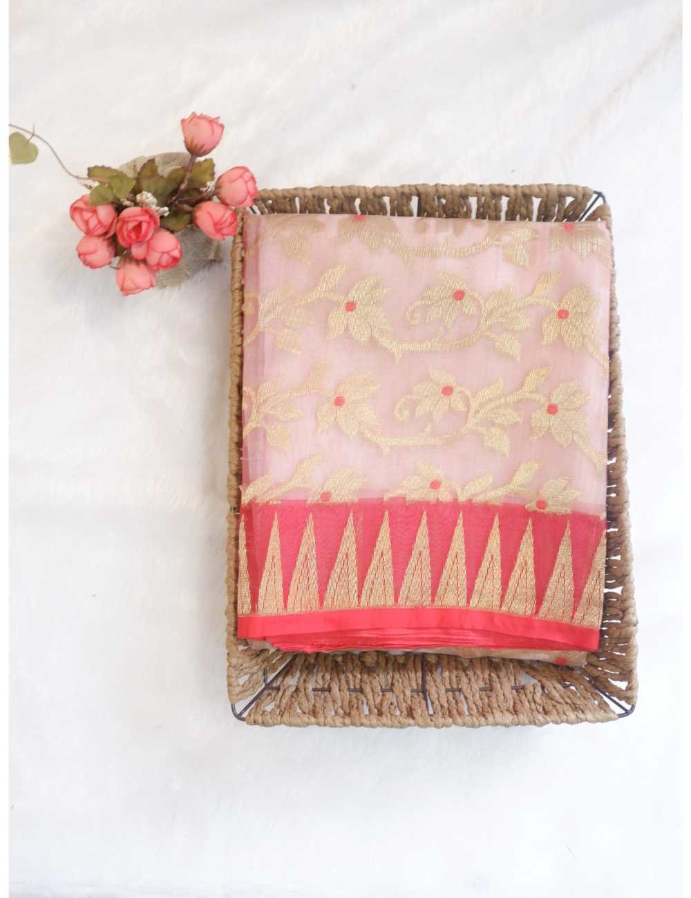 Red & White Muslin Jamdhani Saree