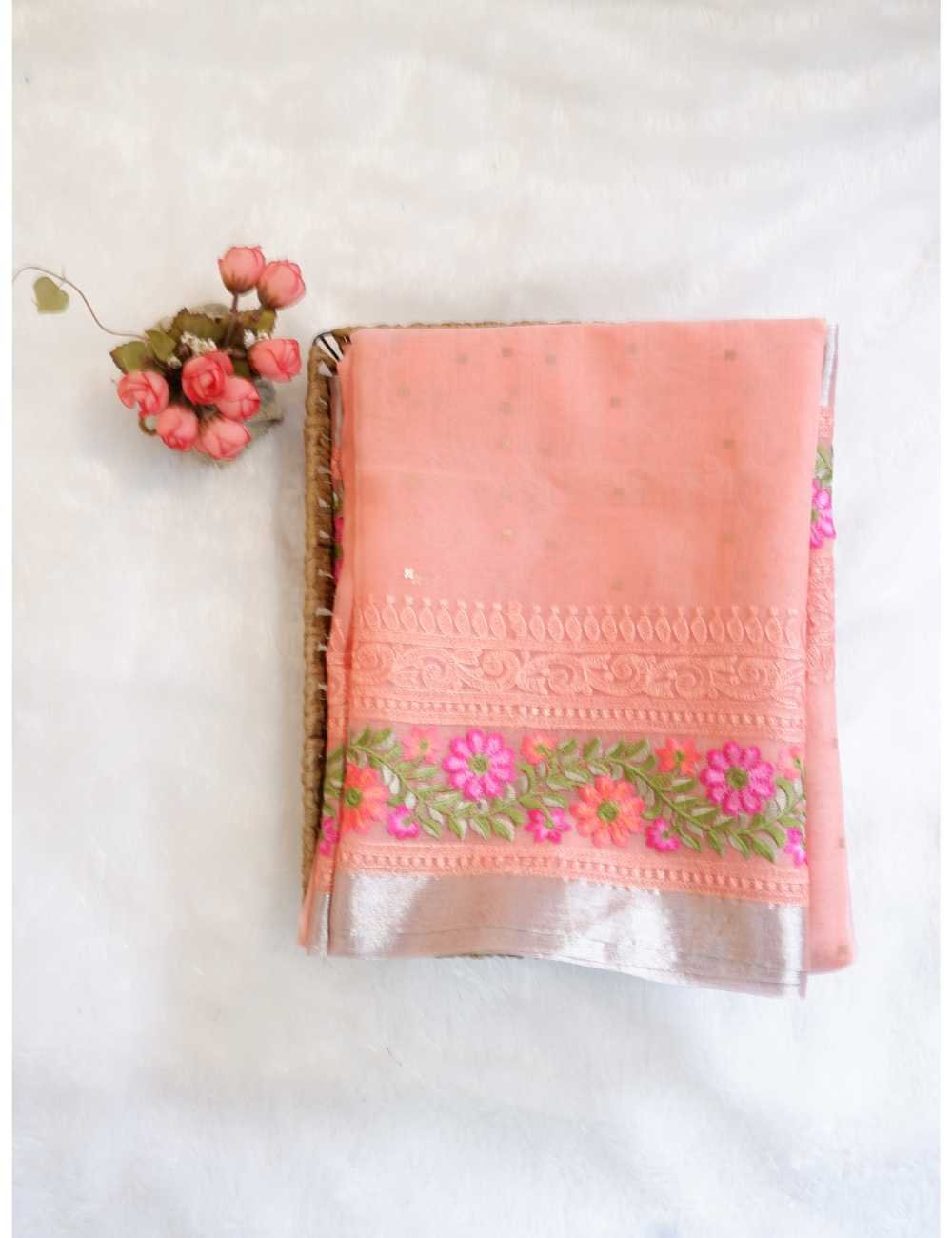 Peach Orange Sequin Weave Muslin Saree
