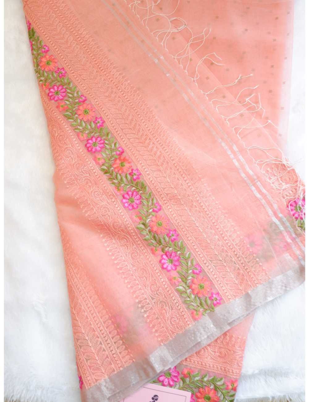 Peach Orange Sequin Weave Muslin Saree