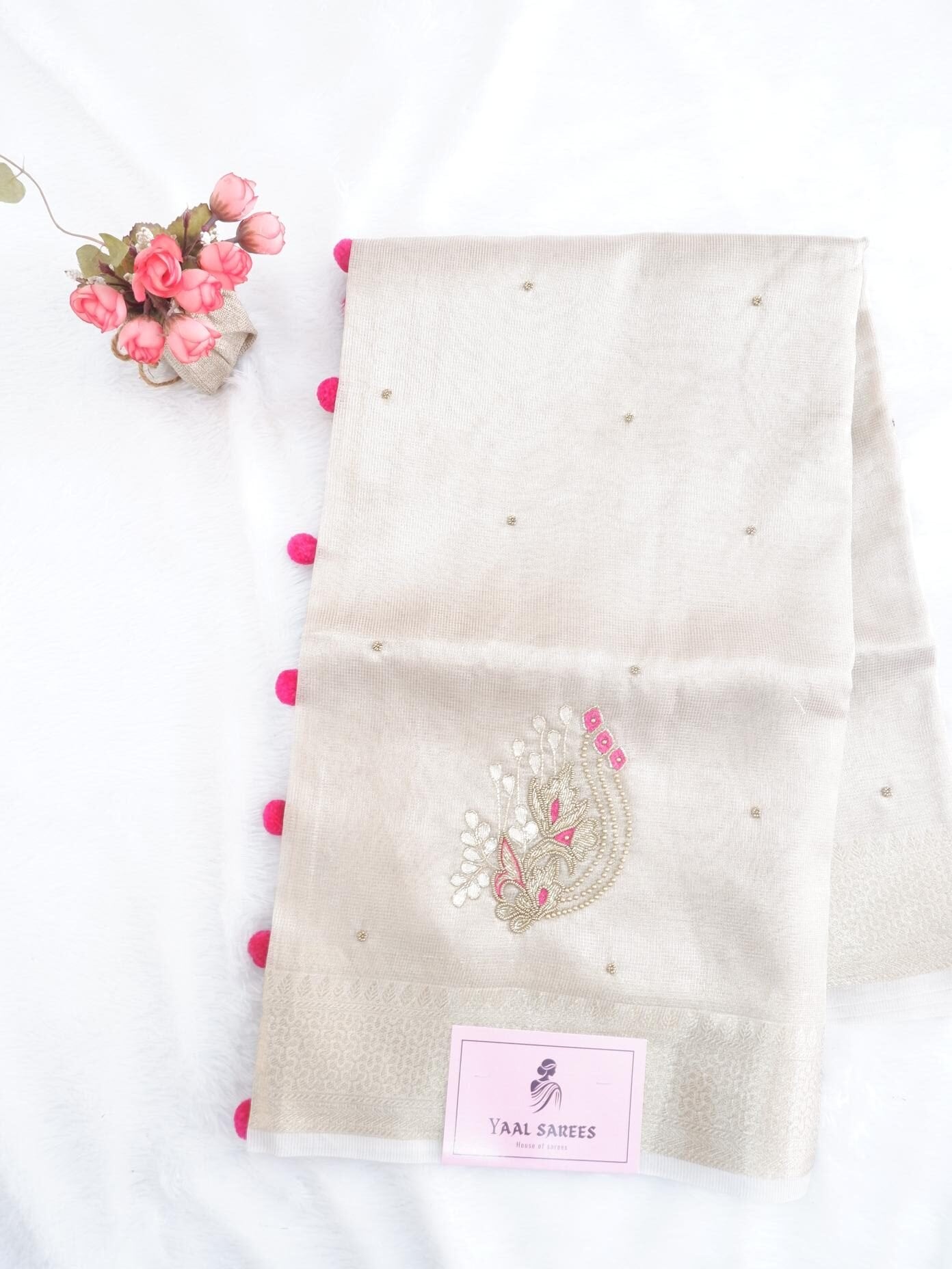 Beige & Pink Tissue Saree with Hand Embroidery