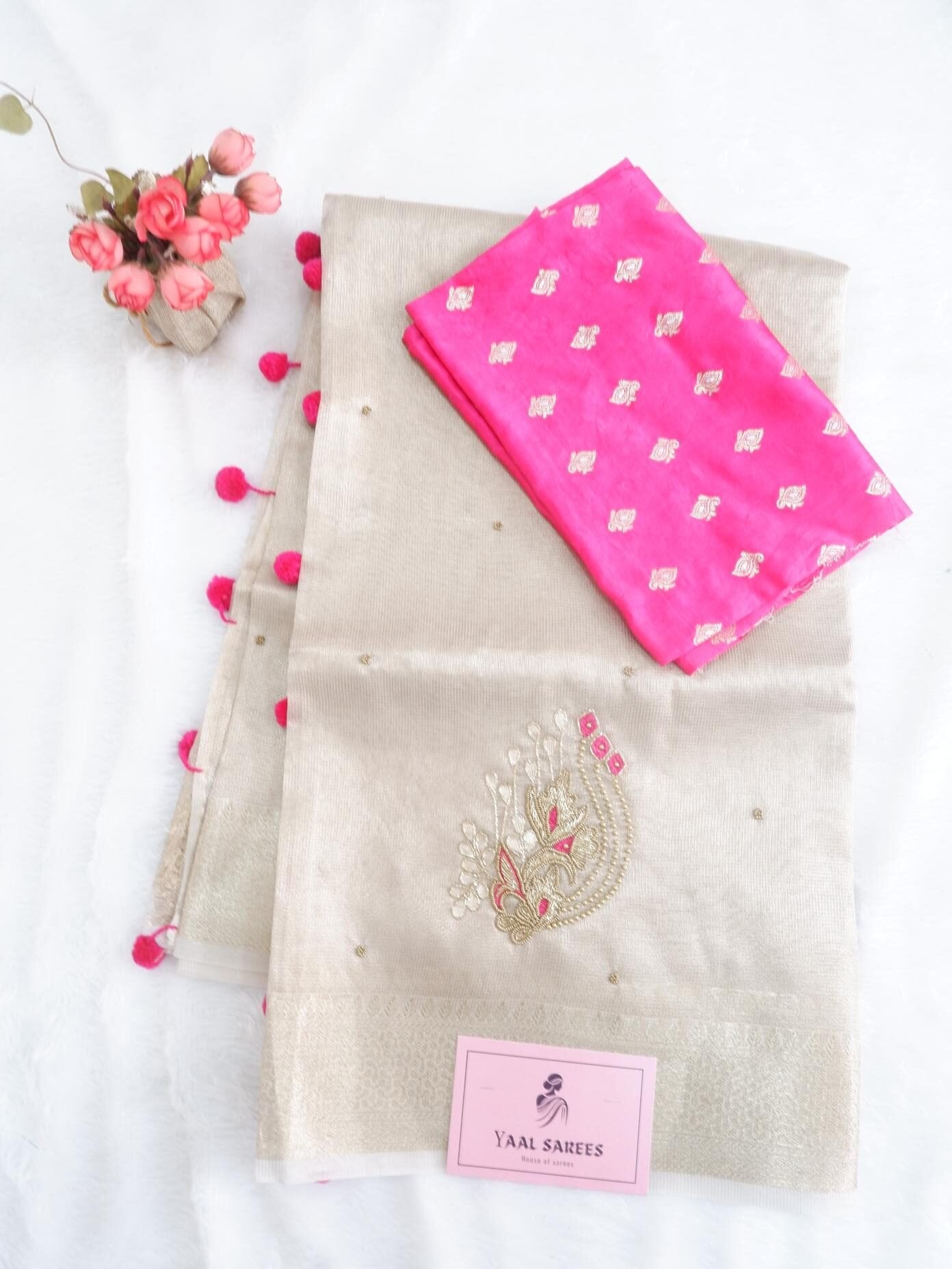 Beige & Pink Tissue Saree with Hand Embroidery